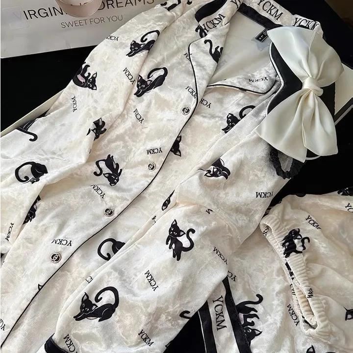 

Пижамы с рисунком из мультфильмов, домашняя одежда, осенне-зимняя бархатная женская пижама из 2 предметов, рубашка и брюки, повседневная белая велюровая домашняя одежда, пижама XL белый