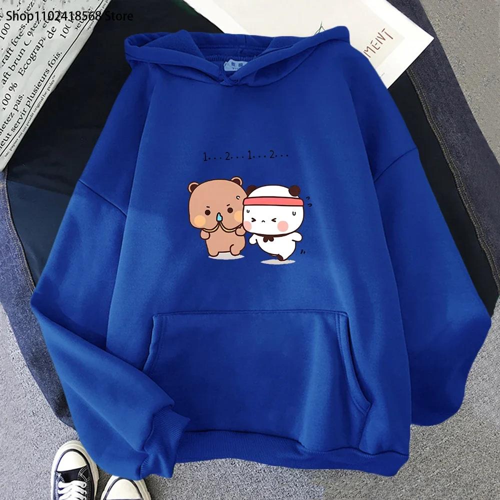 Women Kawaii Panda Bear Hoodie Cute Couple Bubu and Dudu Are Doing Exercise Sweatshirt Girls Tops Long Sleeve Pocket Clothes
