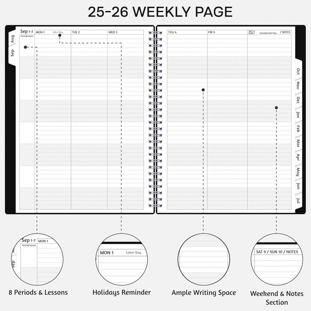 Teacher Planner 2025-2026, AUG. 2025 – JUL. 2026, Lesson Planner 2025-2026 Academic Year, with Tabs, Thick Paper, 2-Sided Pocket, 8’’ x