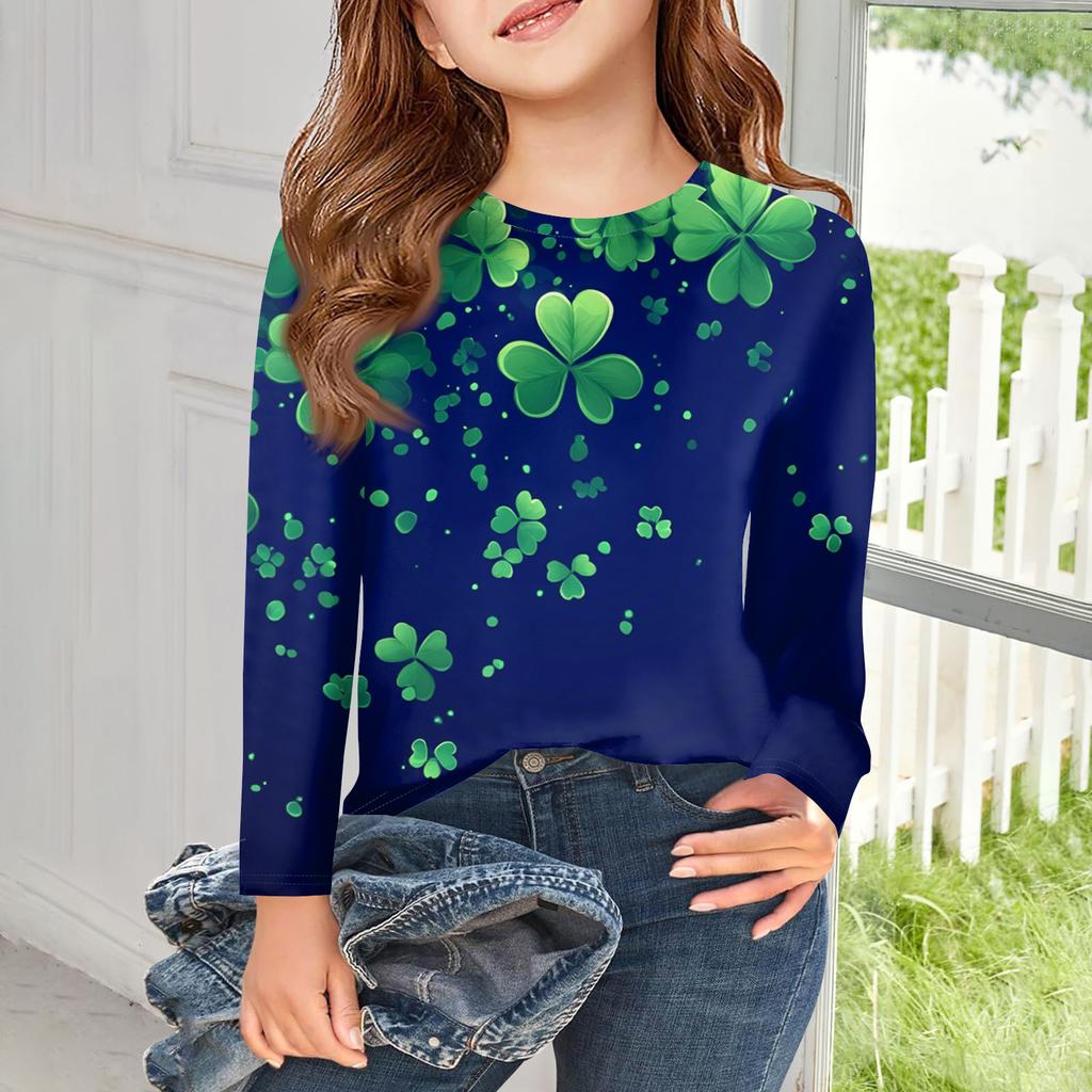 Flickor Långärmade T-shirts Barn Hösttoppar Rundhals Tryckta Bas T-shirts Saint Patrick's Day