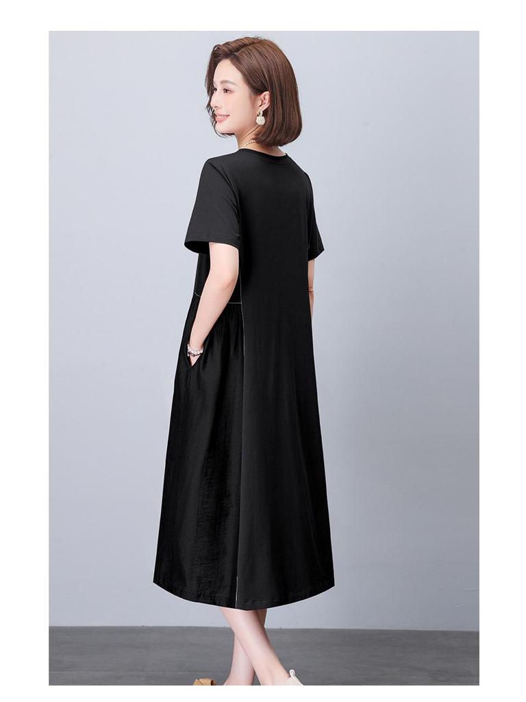 Women's Summer 2025 Pure Cotton Short Sleeve Dress - Loose Fit, Plus Size, Belly-Slimming, Casual for Middle-Aged Moms