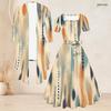 Women Plus Size Printed Two Piece Set Square Neck Short Sleeve Tie Waist Flared Dress Mid Sleeve Open Cardigan