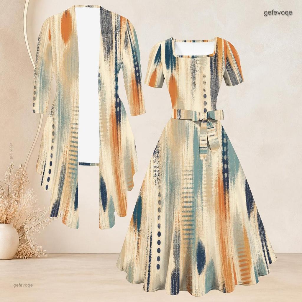 Women Plus Size Printed Two Piece Set Square Neck Short Sleeve Tie Waist Flared Dress Mid Sleeve Open Cardigan