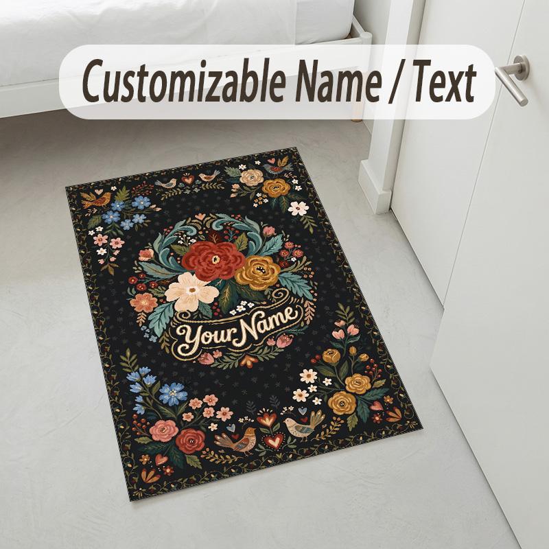 Floral Theme Soft Crystal Velvet Rug Custom Name & Text Print Non Slip Floor Rug for Bedroom Living Room