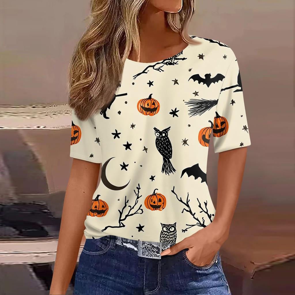 Women's Casual Short Sleeve Pullover Top Halloween Print Bat Pumpkin Ghost Spider Web Round Neck Shirt