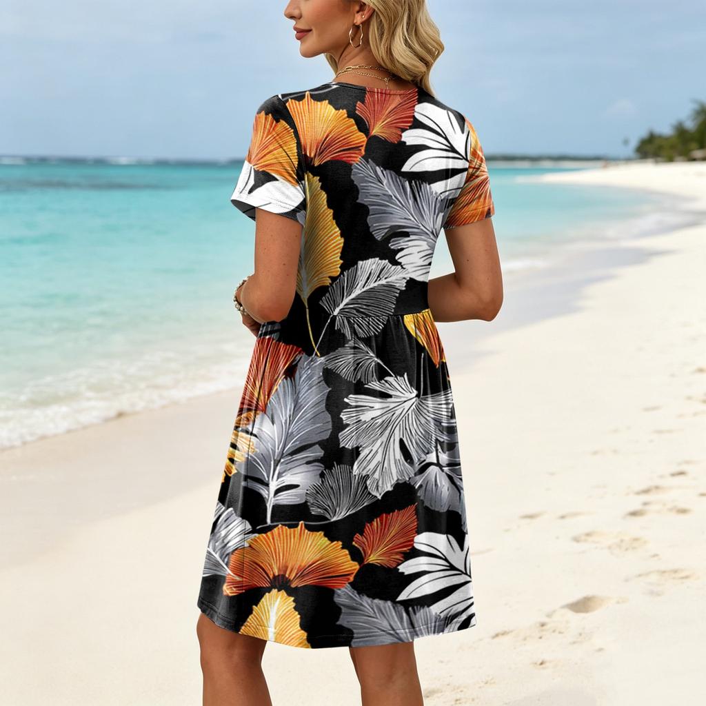 Women’s Short Sleeve Casual Dress with Tropical Floral Print and Vertical Stripes Relaxed Fit Crew Neck Summer Dress