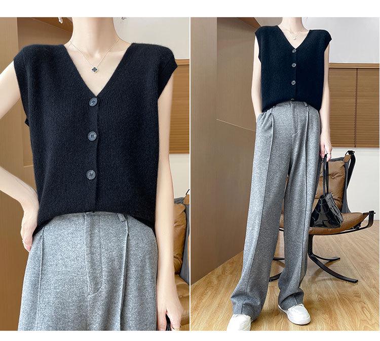 100% Pure Wool V-neck Solid Color Sleeveless Cardigan Vest - Spring & Autumn Collection