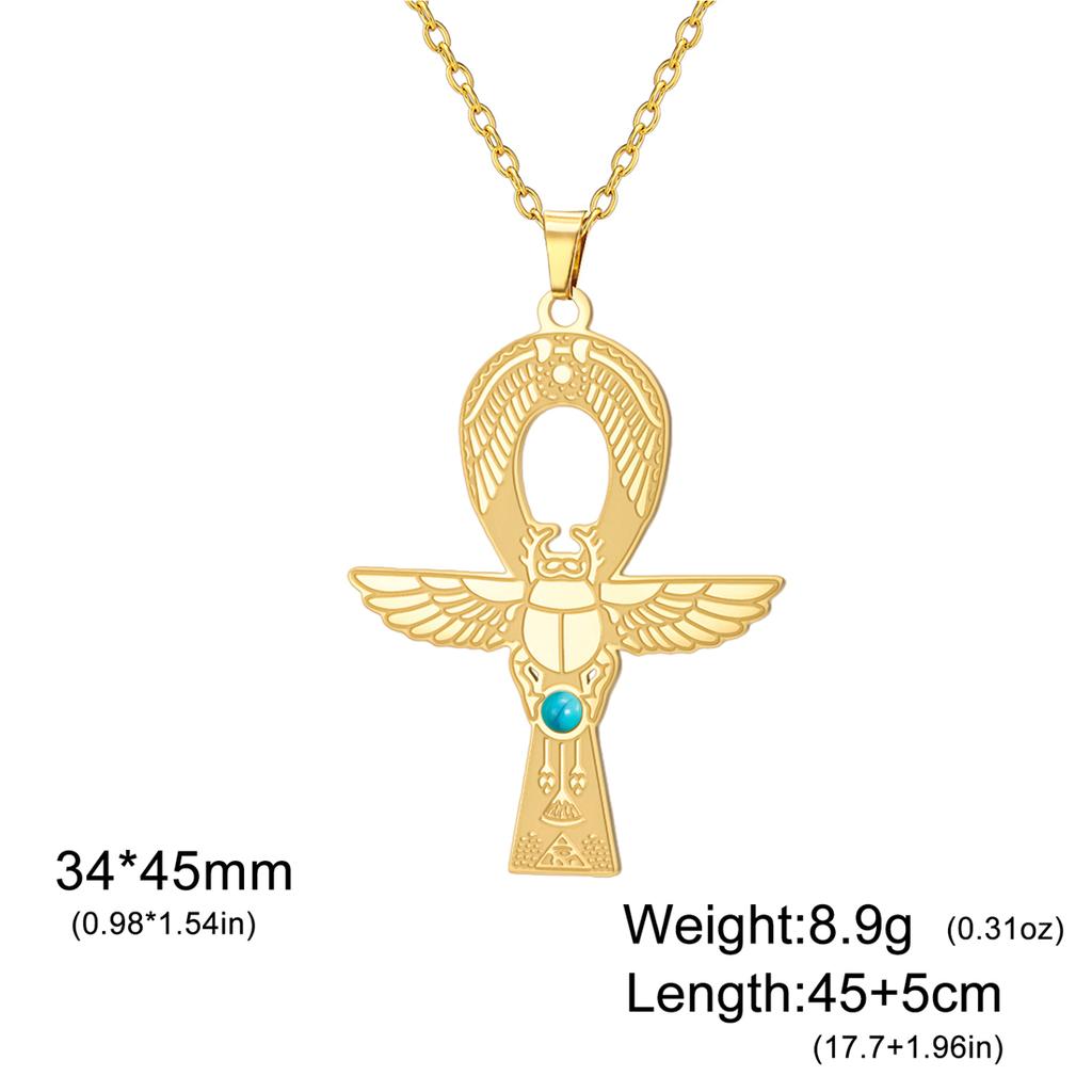 EUEAVAN Ancient Egyptian Ankh Cross Necklace Stainless Steel Turquoise Scarab Pendant Chain Men Women Personality Jewelry Gift