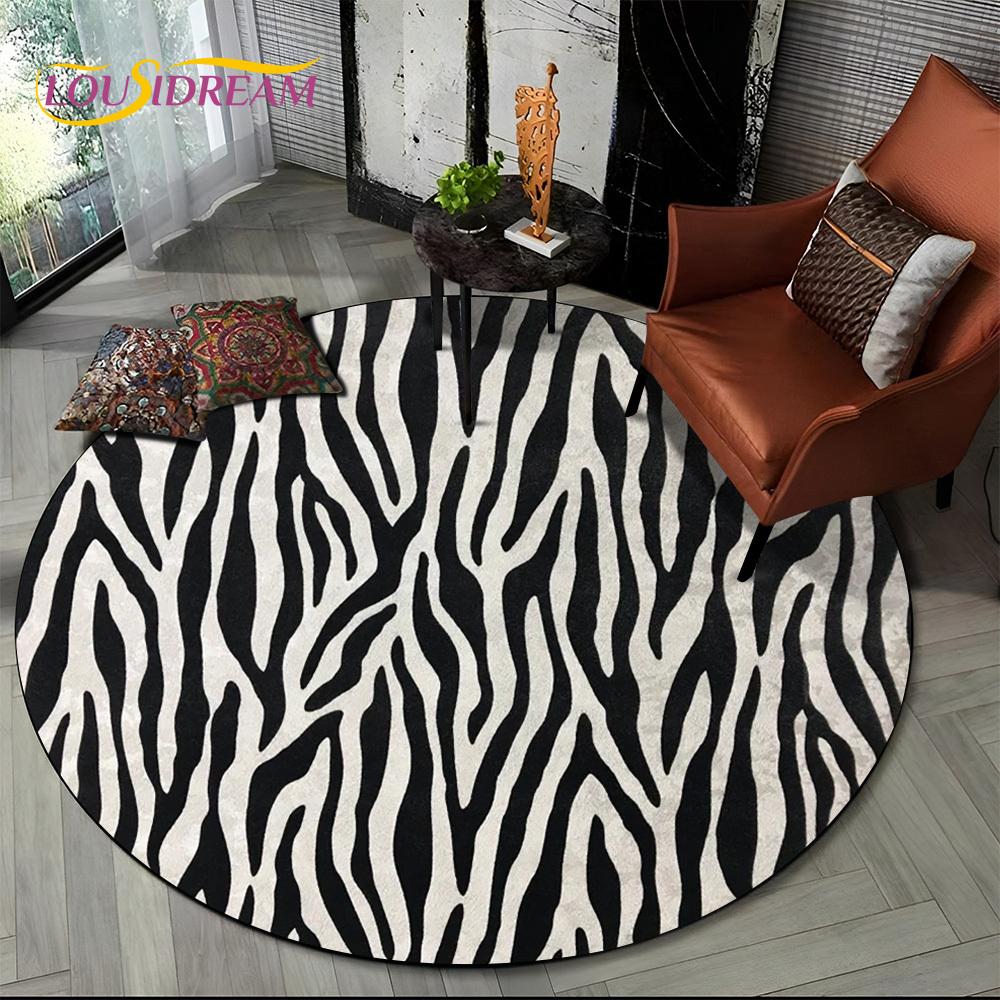 3D Barevný Pruhovaný Vzor Zebra Kulatý Koberec pro Obývací Pokoj, Ložnici, Dětský Herní Koutek Dekor, Protiskluzová Podložka do Zóny pro Domácí Mazlíčky