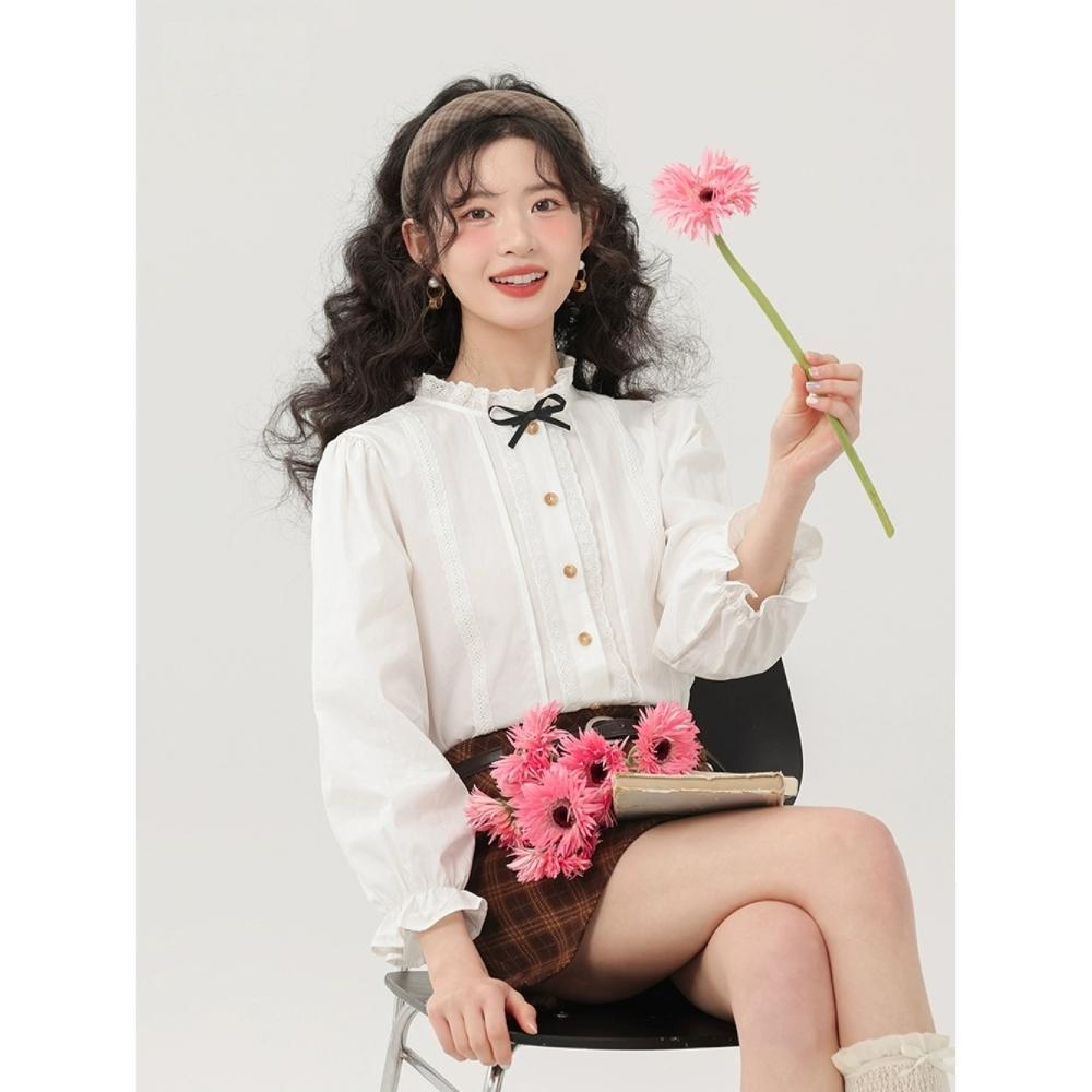 Chic French Bow White Shirt for Women - 2025 Autumn Long-Sleeved Design One Size (Premium Quality) белый