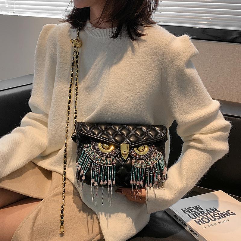Personalized Fringed Owl Bag Women's 2025 New European and American Fashion Rhinestone Small Fragrant Style Diamond Shoulder Small Square Bag