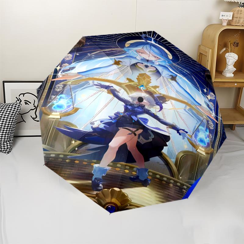 Genshin Impact Furina Print Automatic Umbrella, 8 Rib Iron Frame, Plastic Handle, Suitable for Outdoor Travel &Daily , Ideal Gift