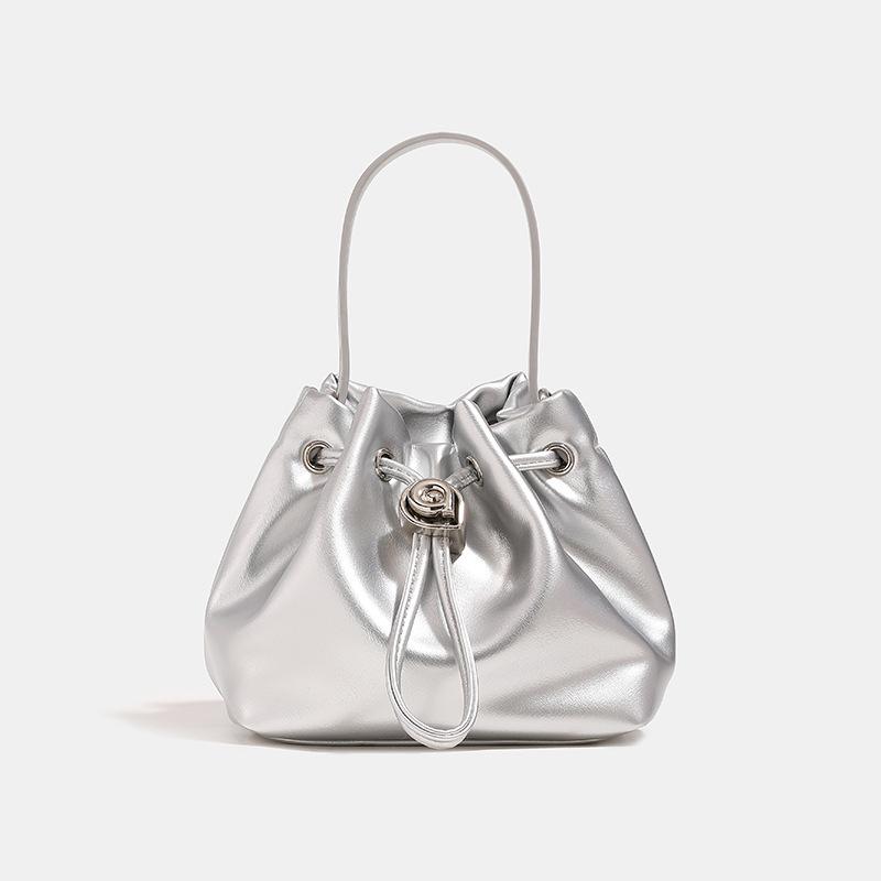 2024 Summer New Niche High-End Handheld Bucket Bag, Fashionable and Versatile Silver Drawstring Shoulder and Crossbody Bag for Women