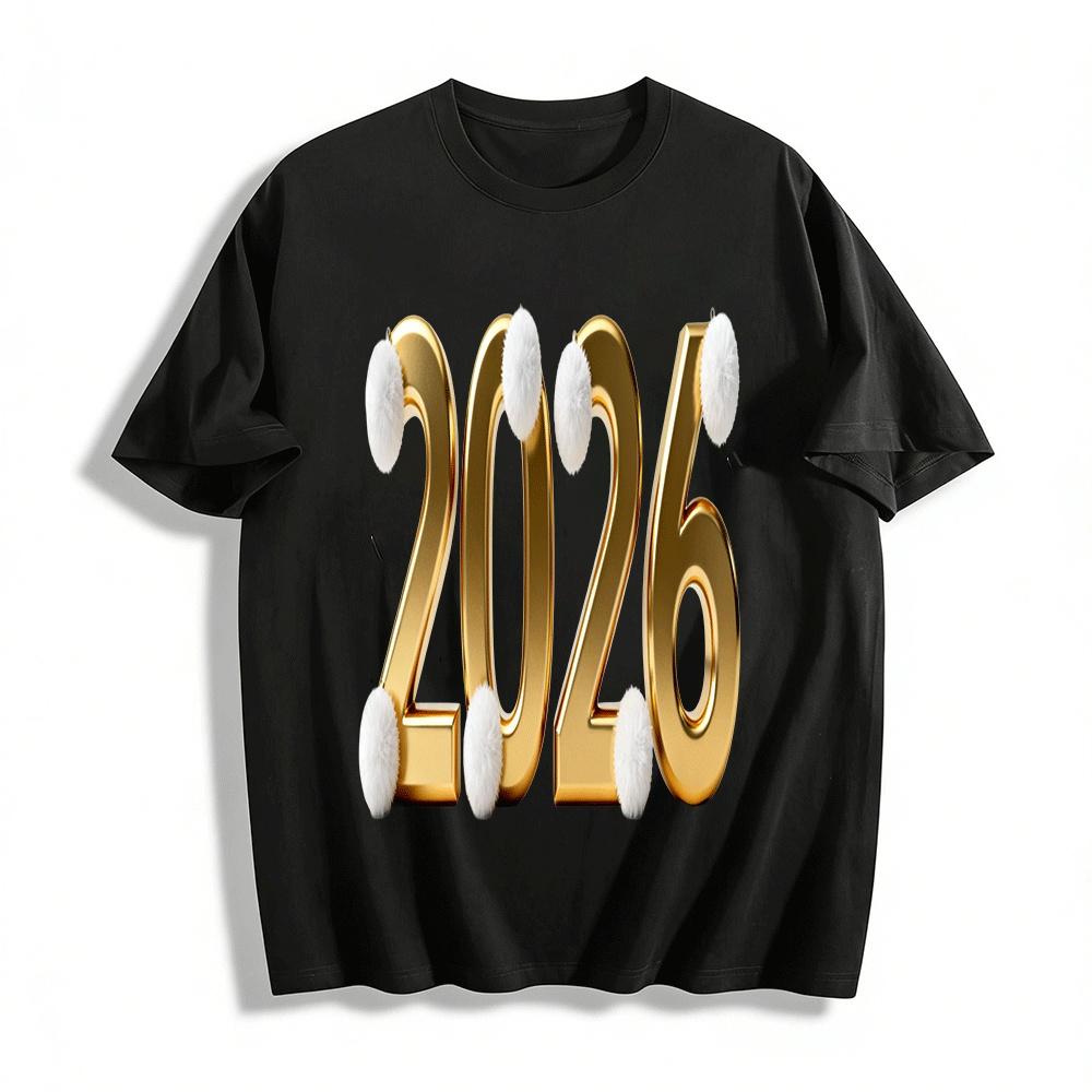 

2026 New Year Theme Gold Number Print Casual Top Pure cotton T-shirt XXS