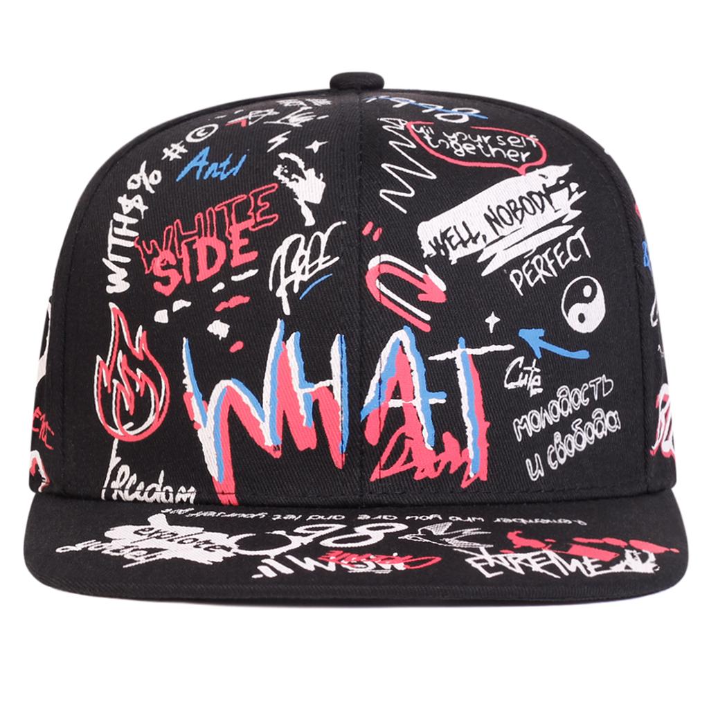 Unisex WHAT Graffiti Print Adjustable Hip Hop Baseball Hat Flat Caps Spring Autumn Outdoor Sport Travel for Women Men