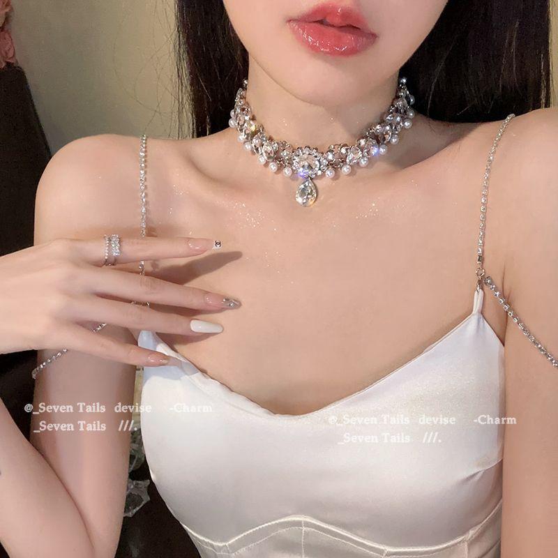 Κολιέ Choker από Κρύσταλλο και Μαργαριτάρι, Κρεμαστό Δάκρυ, Νυφικό Κοσμήμα για Γυναίκες