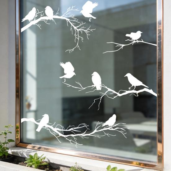 Bird Deterrent Window Clings White Spring Tree Branch Birds Hanging Vines Butterflies Static Glass Decals for Home Classroom Office Party Decoration