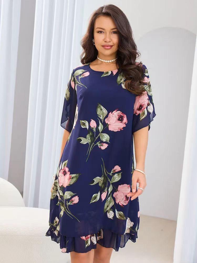 

Women s Floral Print Short Sleeve Dress with Ruffled Hem, Black Pink White Green Leaf Pattern 5XL синій