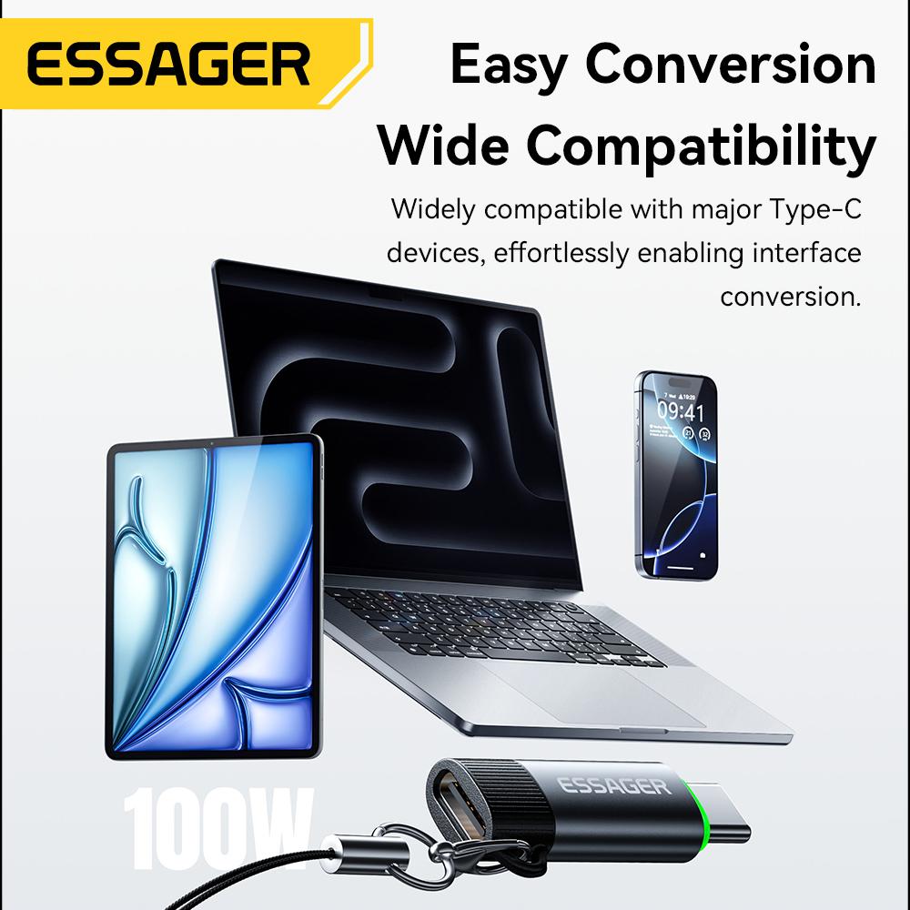 Essager 100W 5A Smart Power-off OTG Adapter Type C OTG Connector With Lanyard For iPhone 17 16 15 Android Phones Tablet Laptop