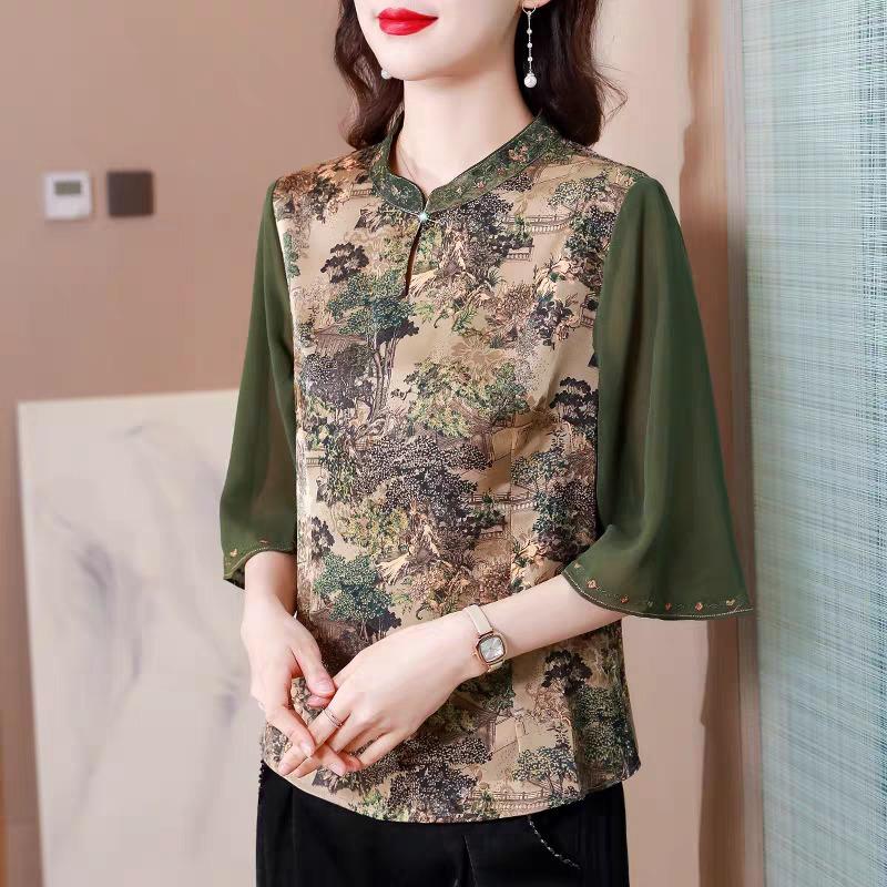 Tang Suit Top Women s New Summer Small Shirt Chinese Style Floral Mid-sleeve Shirt XL зелёный