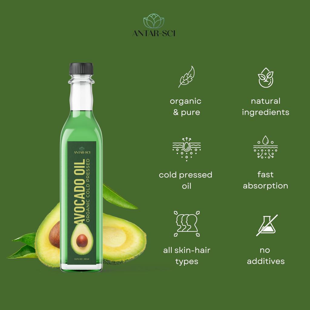Antar-Sci Cold Pressed Avocado Oil - 100% Pure, Natural Body & Hair Oil for Deep Moisturization, Nourished Skin & Shiny Hair | Lightweight & Non Gr
