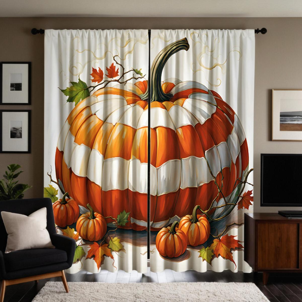 

Комплект из 2 предметов HD Осенняя клетчатая тыква декоративная занавеска Белая занавеска с цифровой печатью Стиль украшения дома Украшение li W52H63inchW132H160cm