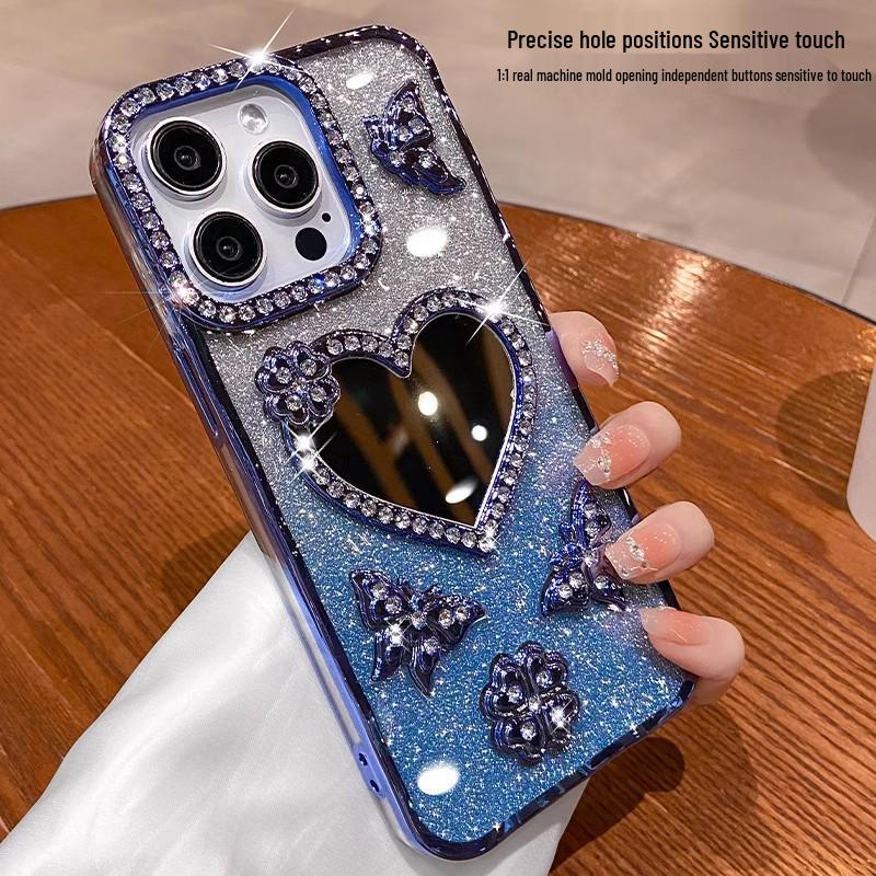 Applicable iPhone 17 Pro Max Glitter Rhinestone Heart Mirror Case - Compatible with iPhone 16/15, Glitter Protective Cover