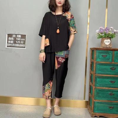 Women's Casual Suit Summer Fashion Plus Size Clothing Loose Cotton Linen Short SleeveTops Harlan Cropped Pants Two Piece Set