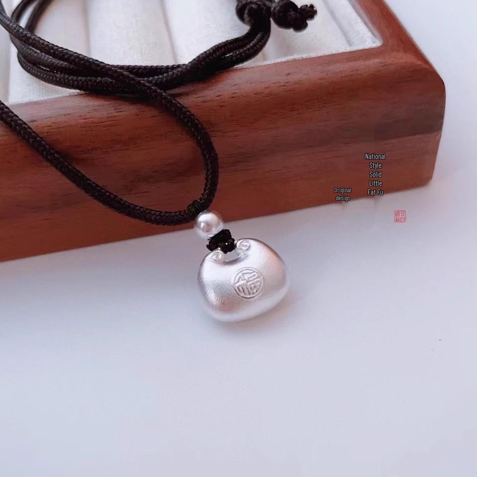 Sterling Silver 999 Fat Fu Cat Ears Pendant with Auspicious Clouds Design Necklace for Women Sterling Silver 999