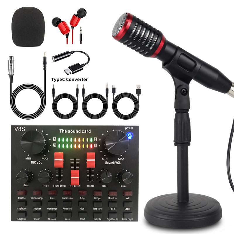 SM58 Wired Dynamic Microphone Set for Mobile & Computer Live Broadcast with V8s Sound Card & Desktop Stand