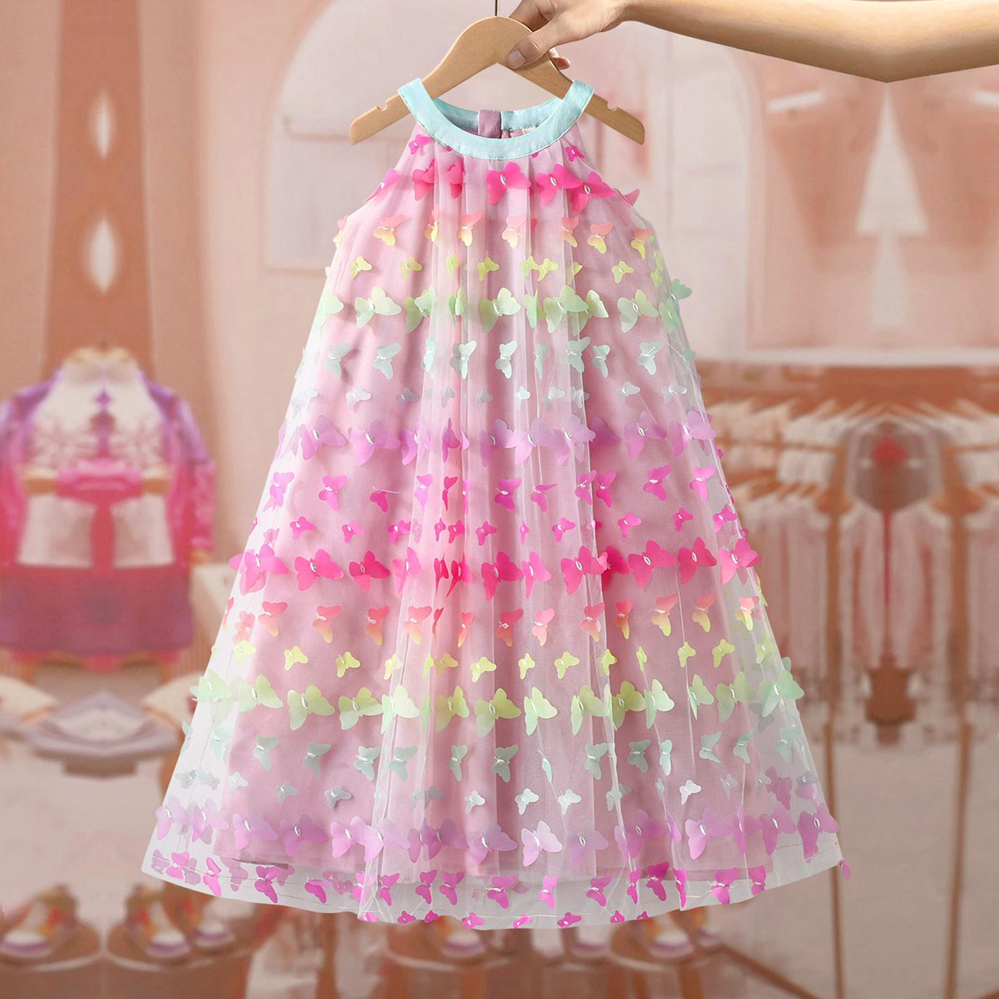 Girls Halter Neck Sleeveless Gradient Butterfly Tulle Dress Summer Fairy Vacation Princess Party Gown For Kids 100cm розовый