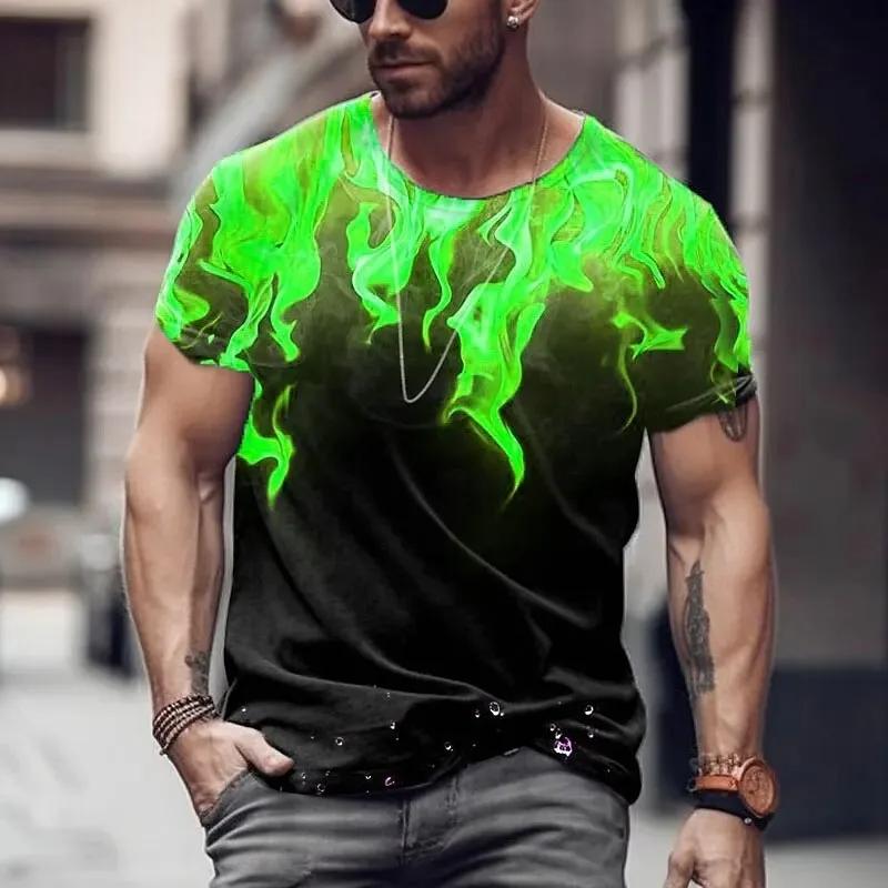 Summer Round Neck 3D Colorful Flame Graphic Print Top Fashionable Casual Short Sleeved Men's T-shirts