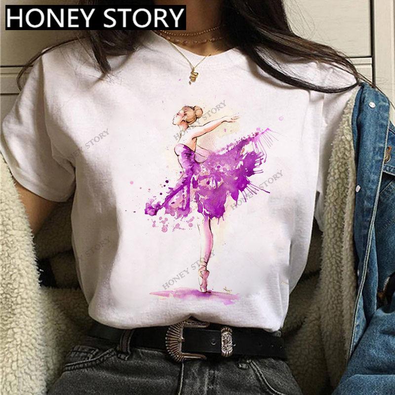 Dance Letter Print T Shirt Ballet Silhouette Monogram Print Women's T-shirt Loose Aesthetic Tops Graphic T Shirts Pro Choice