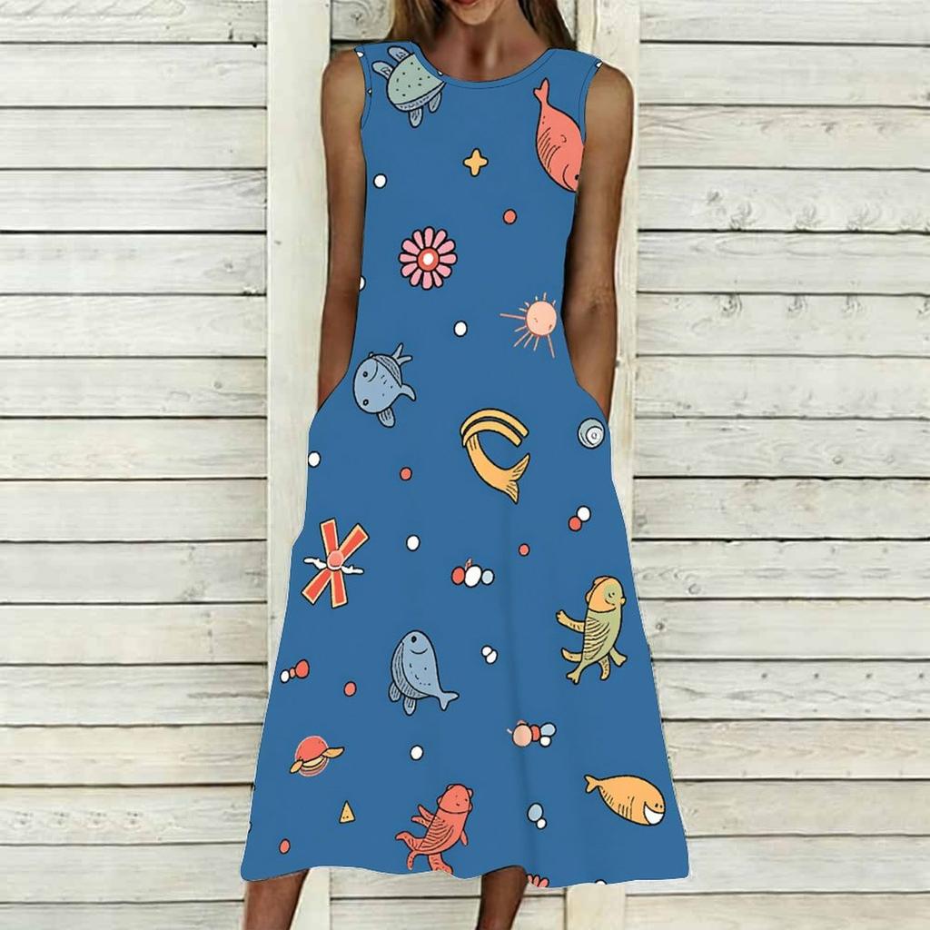 Ladies Oversized Sleeveless Crew Neck Dress Vivid Mixed Tropical Foliage Flowy Calf Length Gown