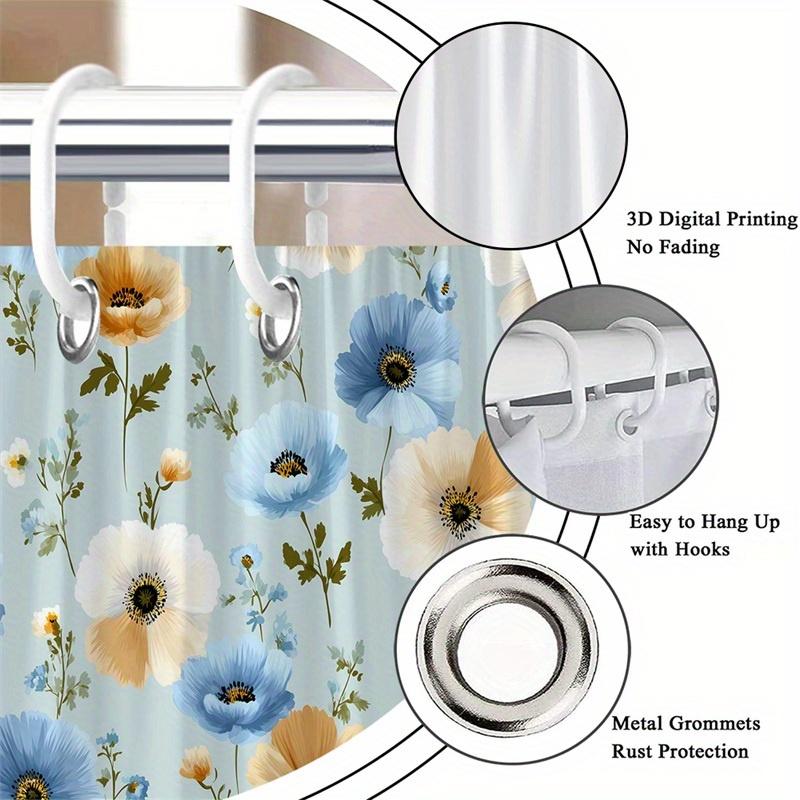 1Pc Light Blue And Peach Poppy Floral Shower Curtain - Polyester Fabric, Machine Washable, Suitable For Bathroom Decoration