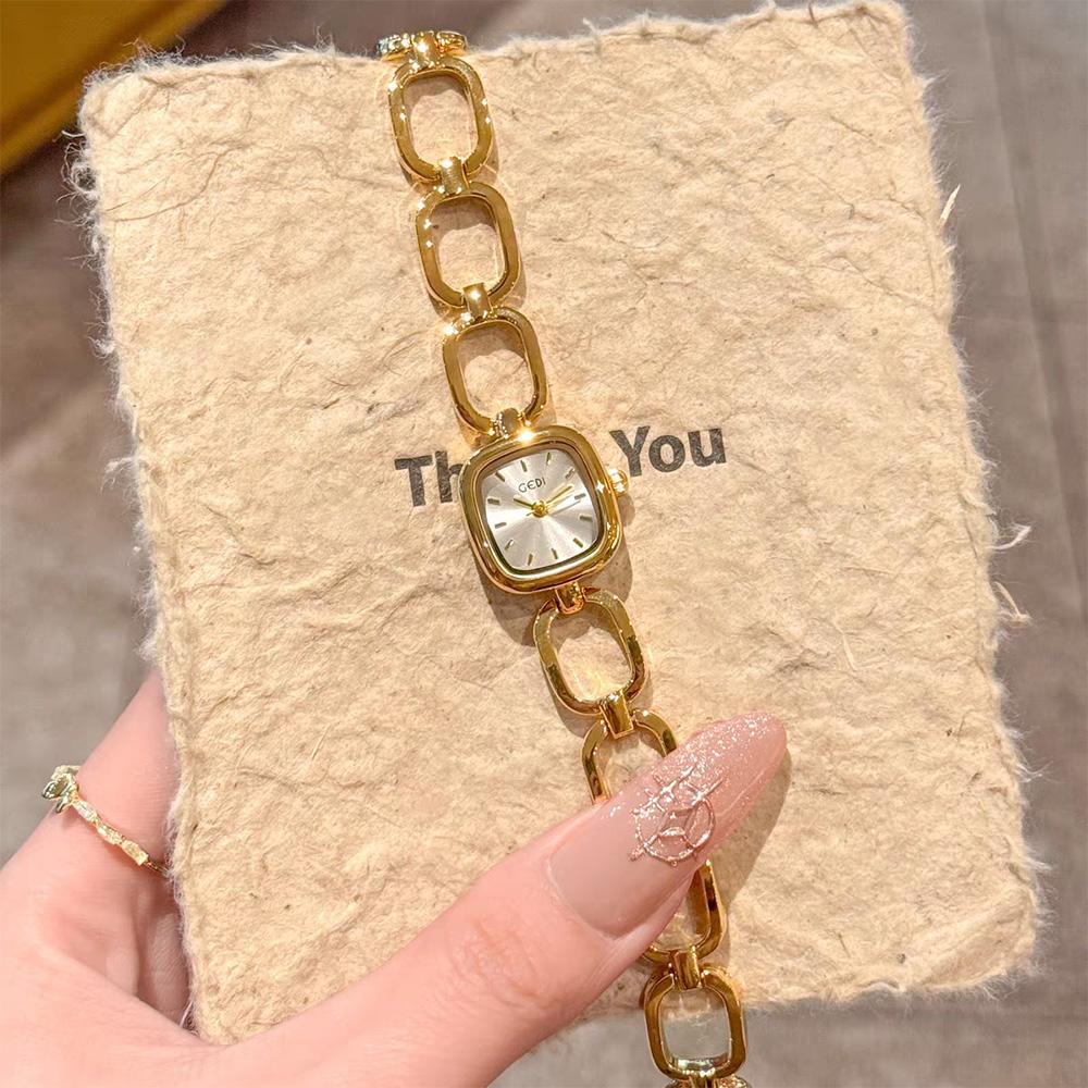GEDI Light Luxury Fashionable Watches For Woman Gold Square Dial Hollowed Out Bracelet Women's Quartz Wristwatches Clock Gifts