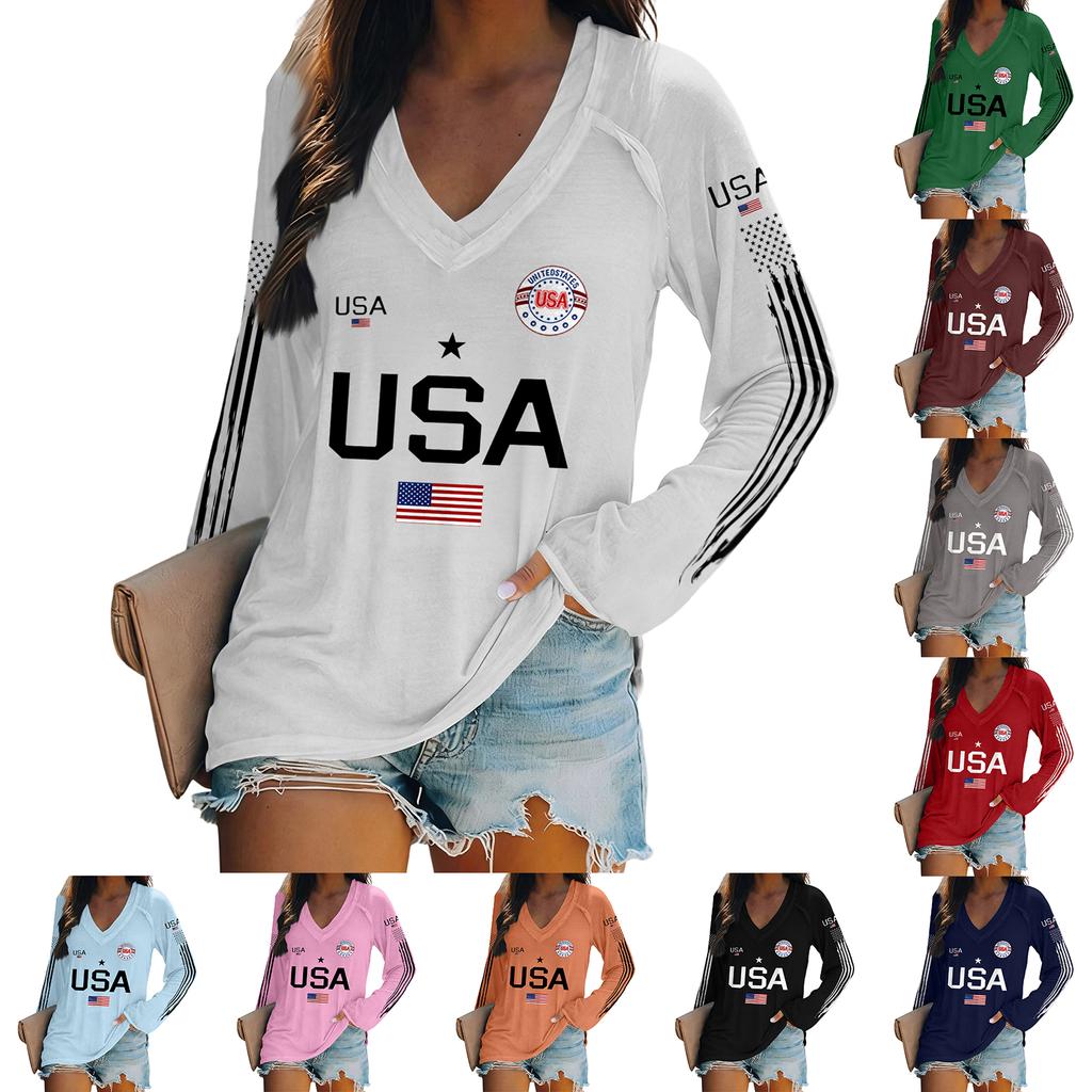 Sweter z długim rękawem i dekoltem w serek z nadrukiem liter USA i grafiką flagi, luźny top w stylu unisex dla kobiet i mężczyzn, wygodny, lekki design