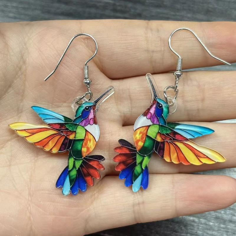 2024 Retro Colorful Bird Acrylic Earrings - European and American Fashion