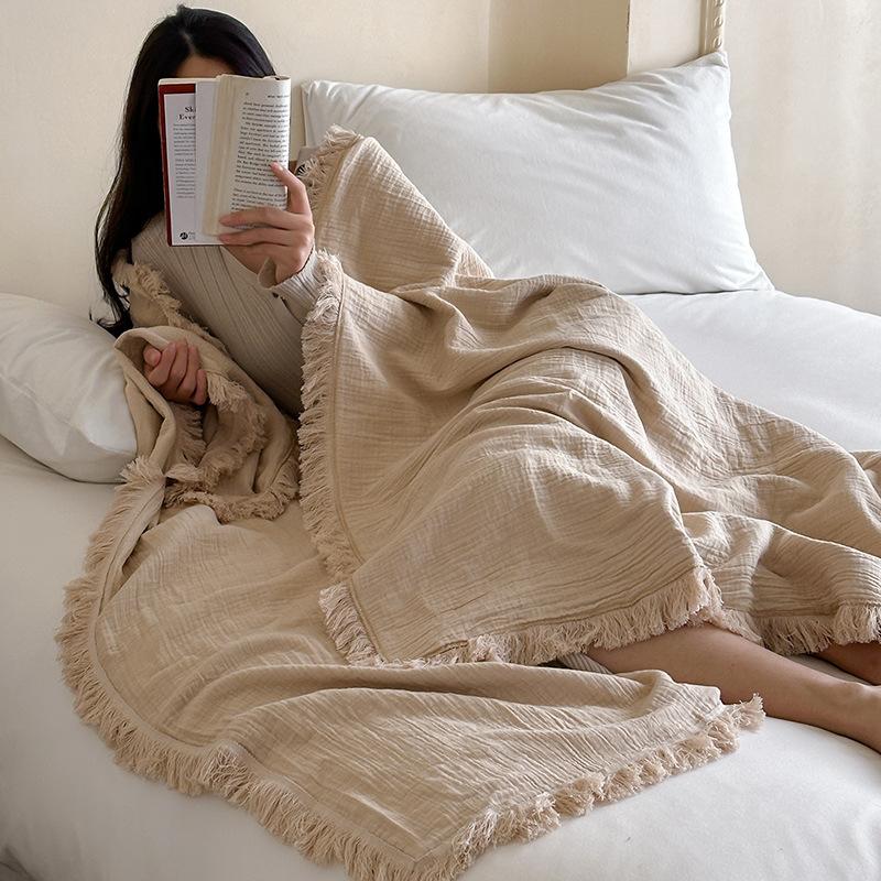 New Cotton Blanket Four-Layer Yarn Tassel Multi-Functional Blanket Solid Color Soft Comfortable Skin-Friendly For Napping
