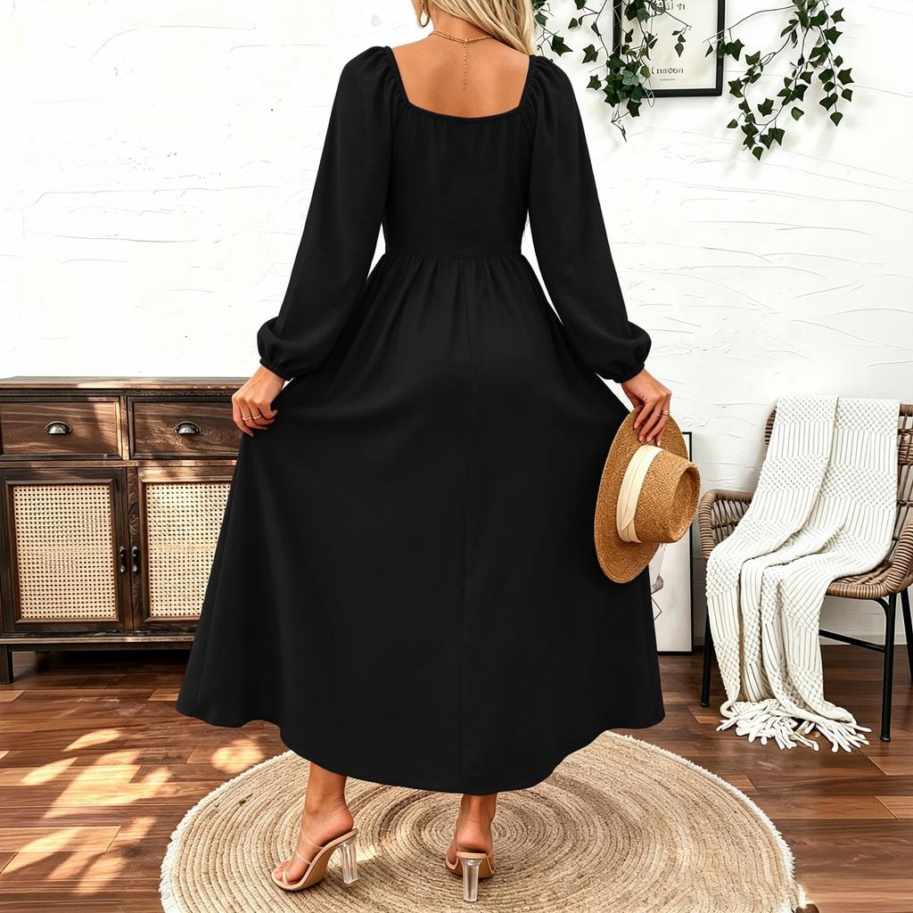 Women's Bohemian Color Square Neck Sleeve Flattering Long Dress