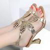 Genuine Leather Glitter Women Open Toe Sandals High Heels Party Shoes Gladiator Wedding  Summer Rhinestone Wedding Shoes Bride