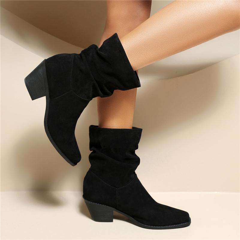 Dámské kotníkové boty hranatá špička silný vysoký podpatek plisované krátké boty stručné dámské módní boty zimní černé khaki hnědé 43