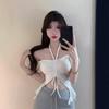 Summer Irregular Neck Collar Off-the-shoulder T-shirt Women's Fashion Chic Drawstring Strap Pleated Spice Top Ins