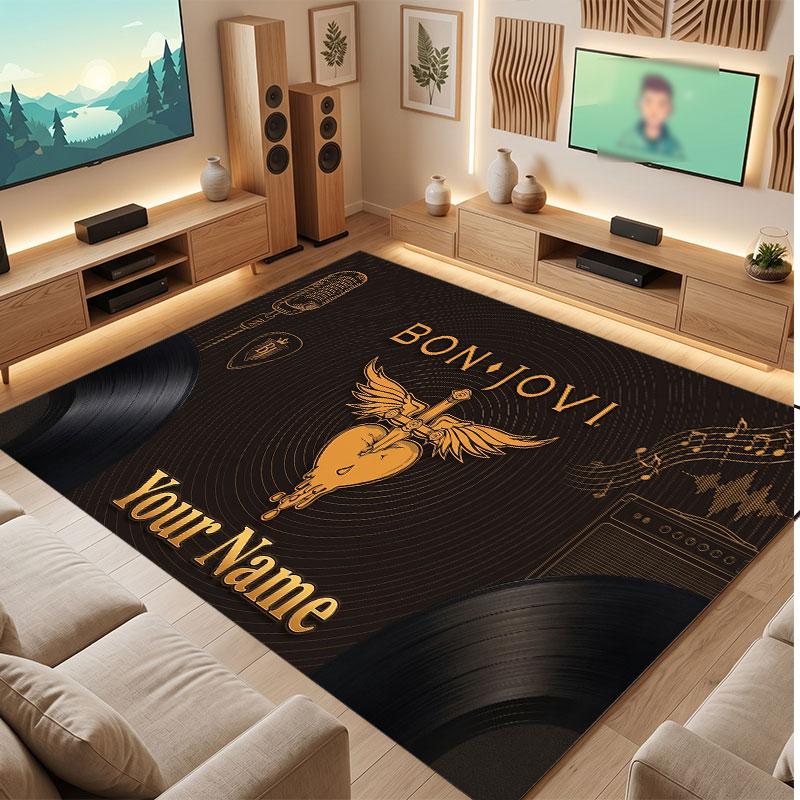 Bon Jovi Personalized Crystal Velvet Carpet, Customized Name Text Soft Anti‑Slip Rug for Living Room Bedroom