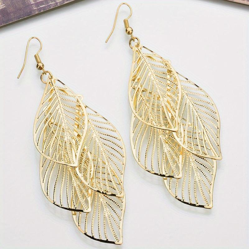 Bohemian Style Gold Leaf Pendant Earrings - Multi-layer Hollow Design, Suitable for Daily and Party Wear Golden