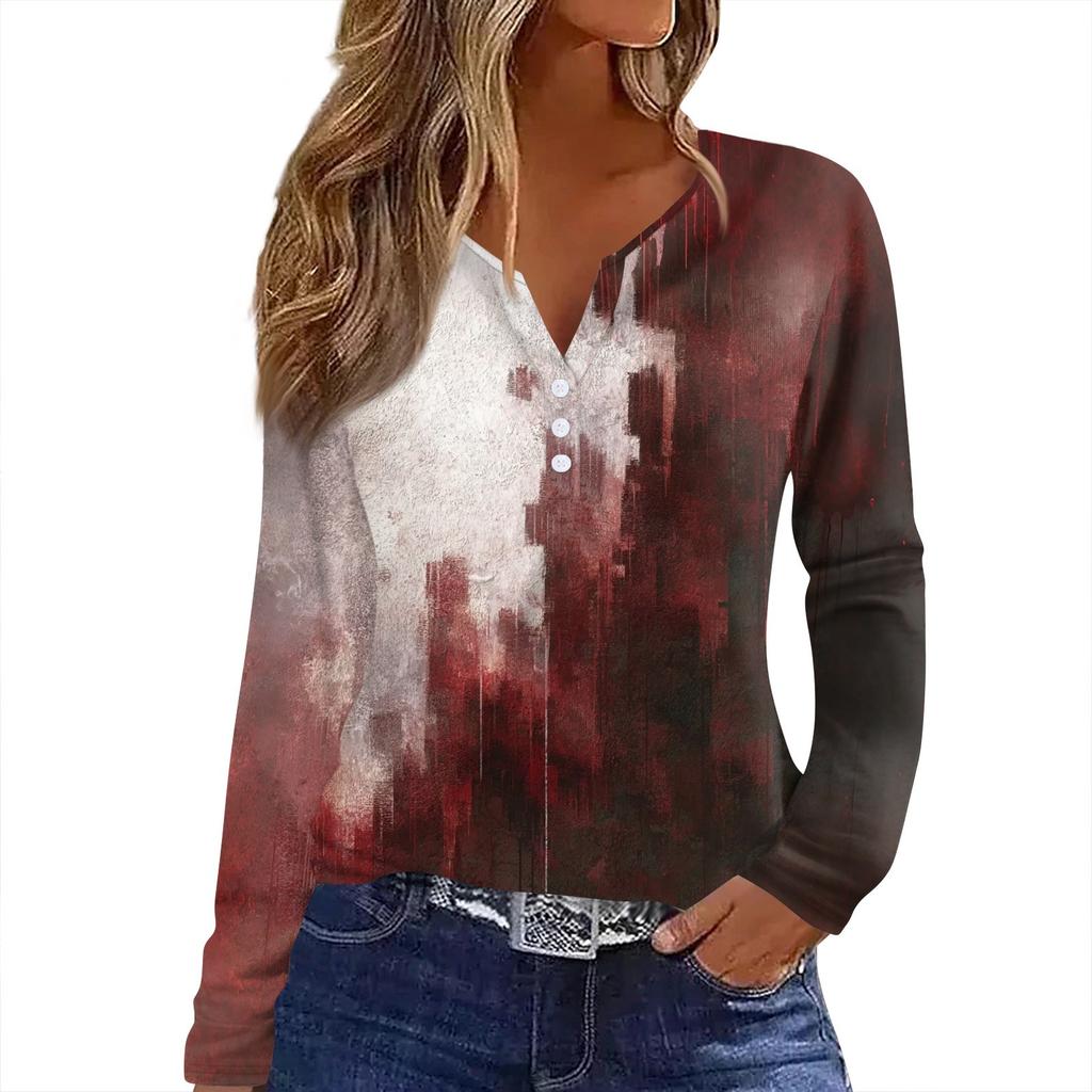 Women's T Shirt Tee HAlloween Print Button Long Sleeve Daily Weekend Fashion Basic V- Neck Regular Top