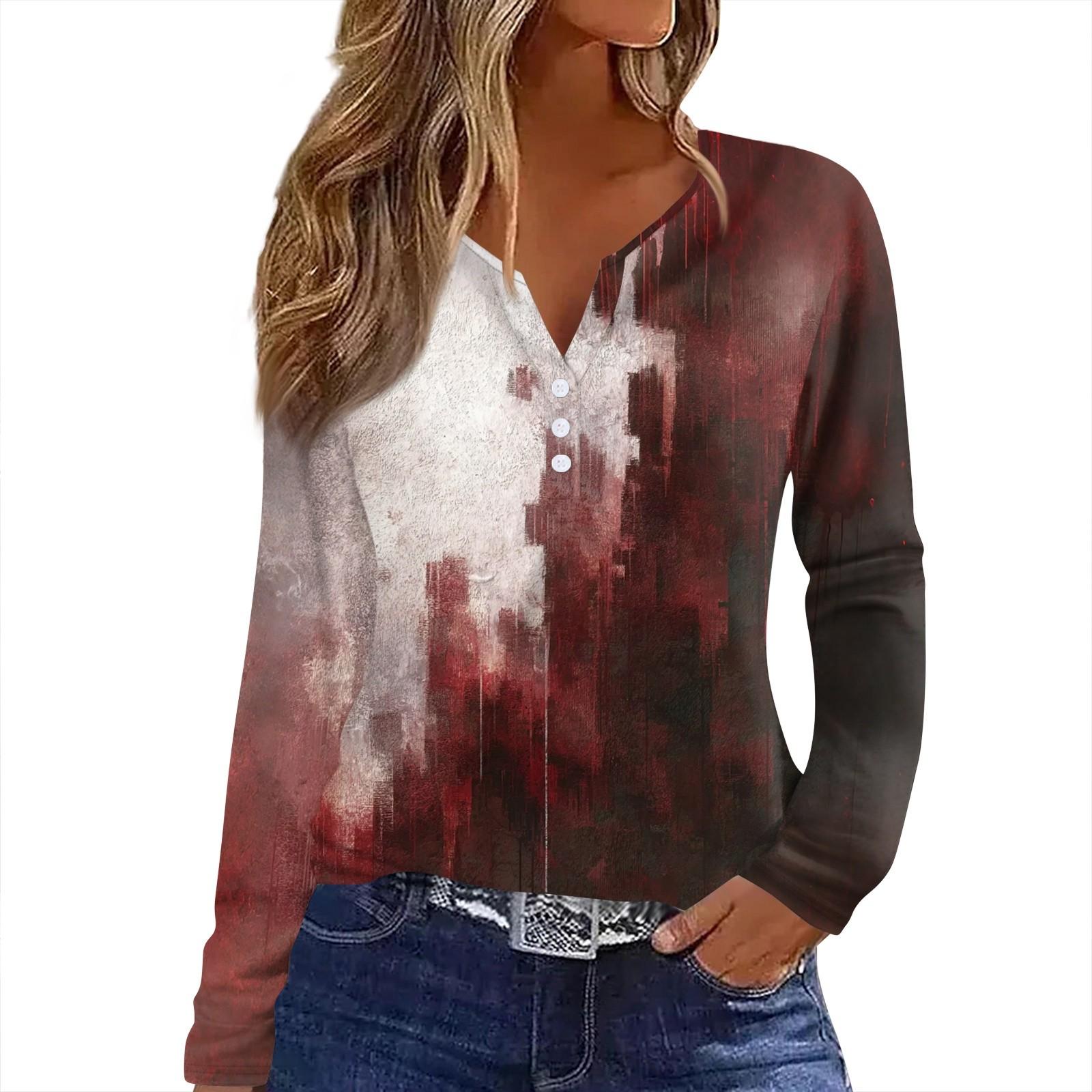 

Женская футболка Футболка Принт Хэллоуин Пуговица Длинный рукав Повседневная Мода на выходные Базовая V-образный вырез Обычный топ M