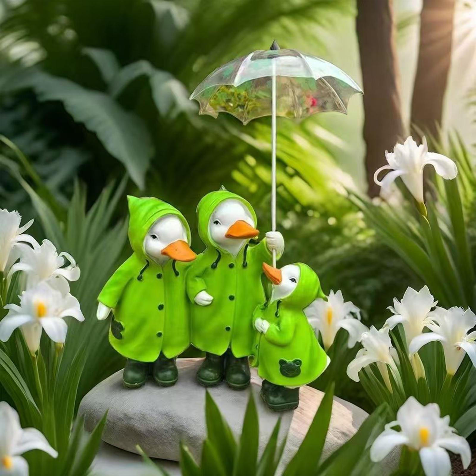 

Duck Figurine for Garden Decor, Miniature Statue with Umbrella Outdoor 3 Green Ducks