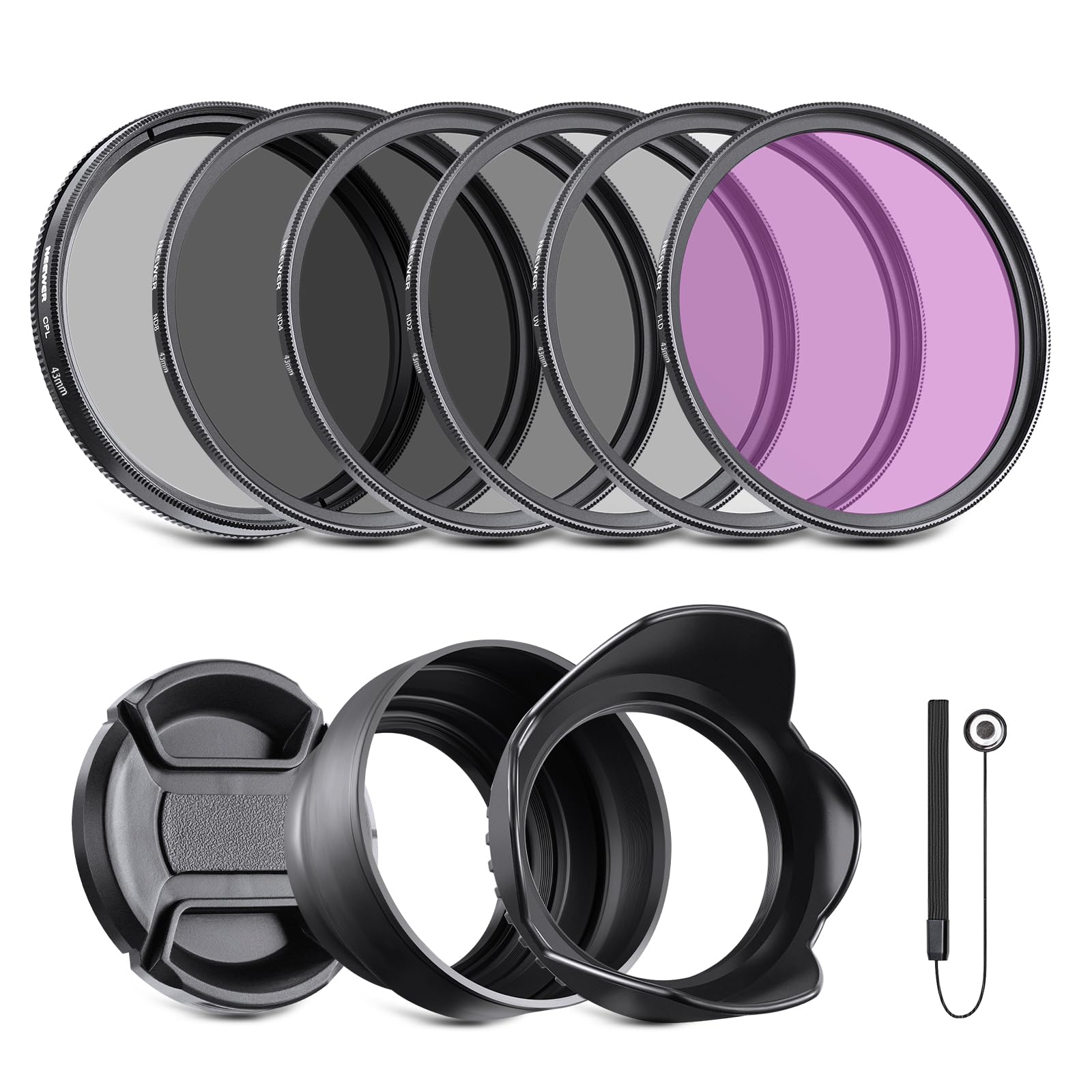 

NEEWER 43mm ND Filter Kit and Lens and CPL Filters with Lens Cap and Lens Hood for Universal 43mm Cameras Accessories ND2, ND4, ND8, UV, FLD,