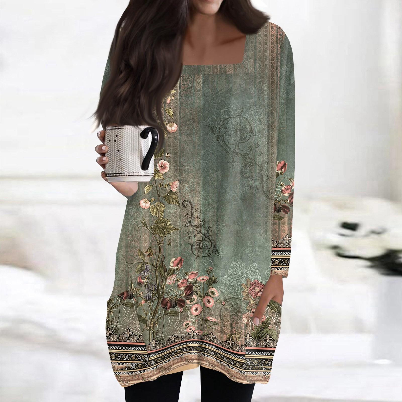 

Женские топы с квадратным вырезом и длинными рукавами, повседневные блузки средней длины, модные туники с принтом и карманами XXL